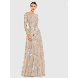 Mac Duggal Womens Sequined Embellished Illusion Evening Gown Beige Size 16